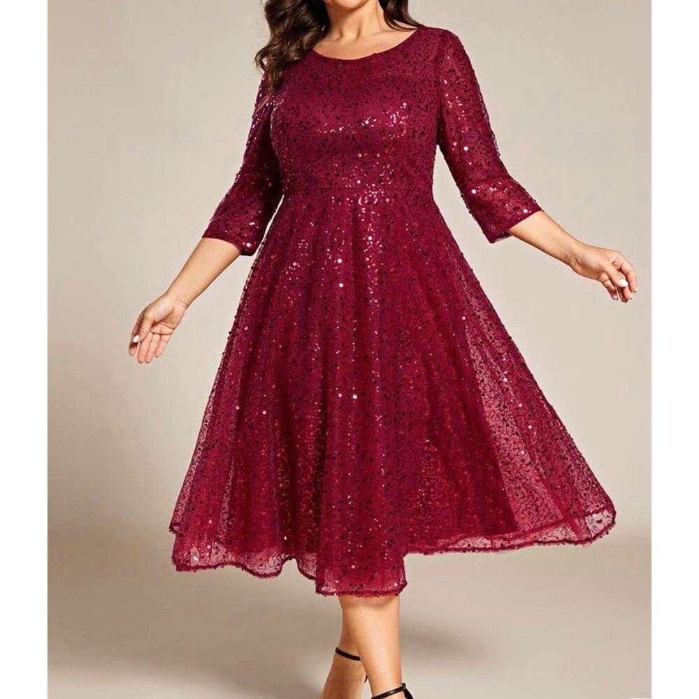 Ever-Pretty Women’s Size 14 Burgundy Sequin A-Line Midi Formal Dress NWT